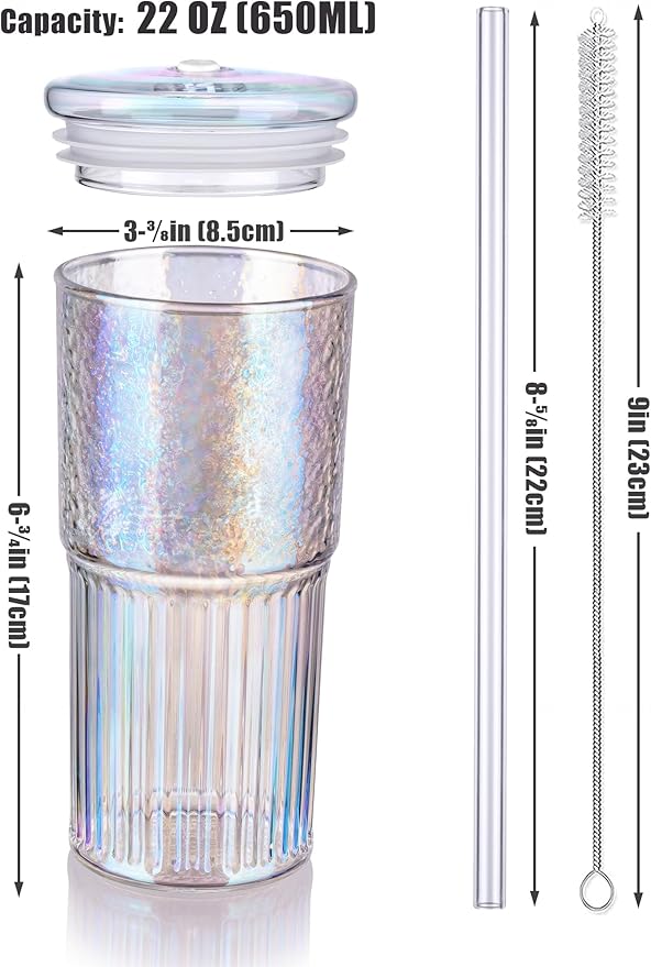 NiHome Iridescent Borosilicate Glass Tumbler Cup with Glass Lid & Straw 22oz/650ml 2-Pack, Leak-Proof Silicone Seal for Flavor Preservation, Hygienic & Dishwasher Safe, 2PCS Straw Brushes Included