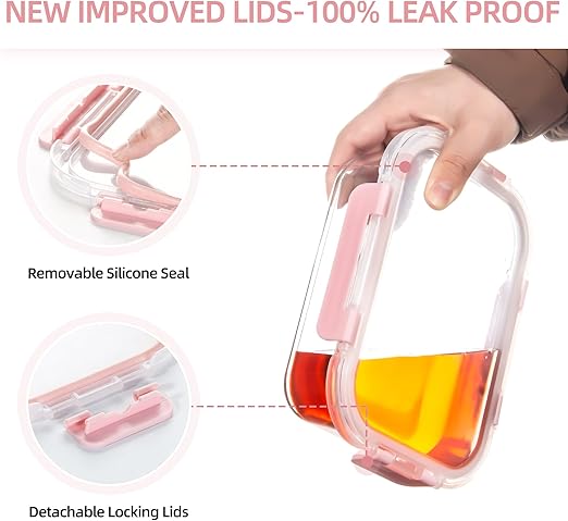 Glass Food Storage Containers,2PC Glass Meal Prep Container, Leak Proof, Glass Storage Containers with Lids, Ideal for Food Storage, Lunch, On-the-Go, Leftover - Pink