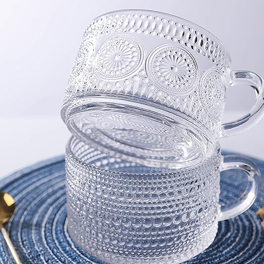 RAZURE Vintage Glass Coffee Mug Milk Cup, Clear Embossed Breakfast Cups Oats Containers, Drinking Glass Cups Gift for Women Office Personal(Clear 400ml)