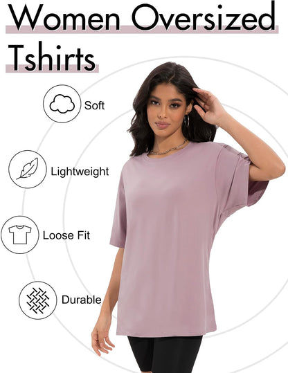 4Pack Oversized Tshirts for Women, Loose Fit Crew Neck Summer Baggy Tops Workout Tees Plus Size T Shirts