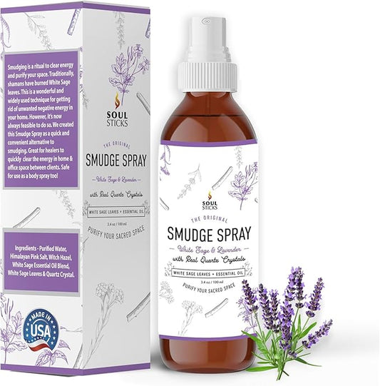 SOUL STICKS White Sage  Lavender Smudge Spray  3.5oz Smokeless Mist with Quartz Crystals  Calming Essential Oil Spray for Sleep, Stress Relief, Meditation, and Energy Cleansing