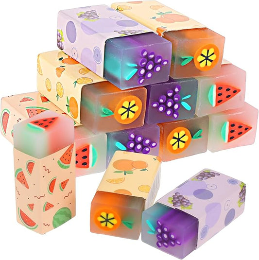 12Pcs Cute Erasers for Kids, Fun Fruit Shaped Erasers Scented Pencil Rubber Erasers Classroom Students Reward School Supplies Prize Gifts Party Favors