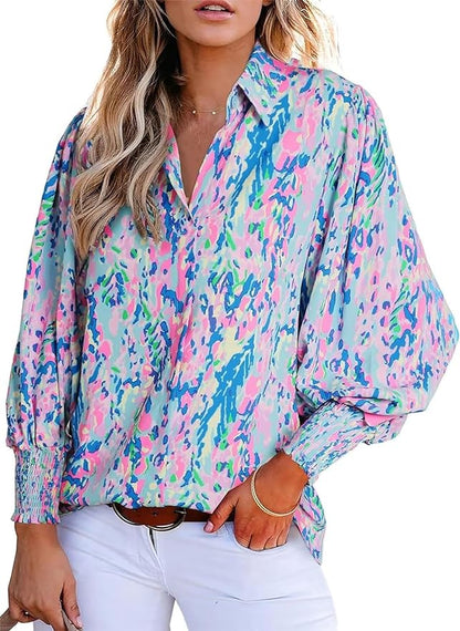 Button Down Shirts for Women Dressy Lantern Long Sleeve Blouses Printed Casual Loose Colorful Blouse Work Tops