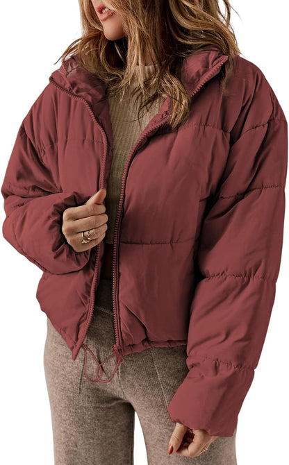 Dokotoo Womens Quilted Jackets Long Sleeve Full Zip Puffer Jacket Coats | Warm Winter Clothing for Women, Oversized Drawstring Hem, Comfy, Baggy Short Down Coats for Women, Cropped Jackets, Pockets