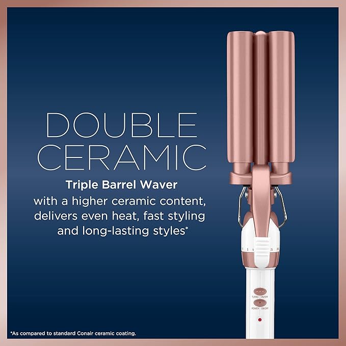 Conair Double Ceramic 3 Barrel Curling Iron, Hair Waver, Create Beachy Waves, Long-Lasting Natural Tight Waves for all Hair Lengths, White  Rose Gold