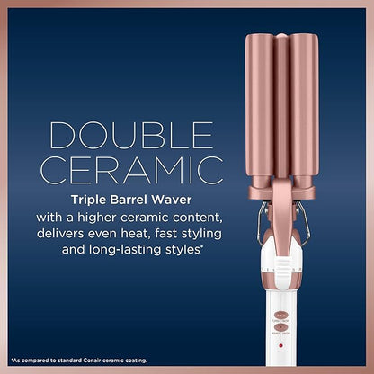 Conair Double Ceramic 3 Barrel Curling Iron, Hair Waver, Create Beachy Waves, Long-Lasting Natural Tight Waves for all Hair Lengths, White  Rose Gold