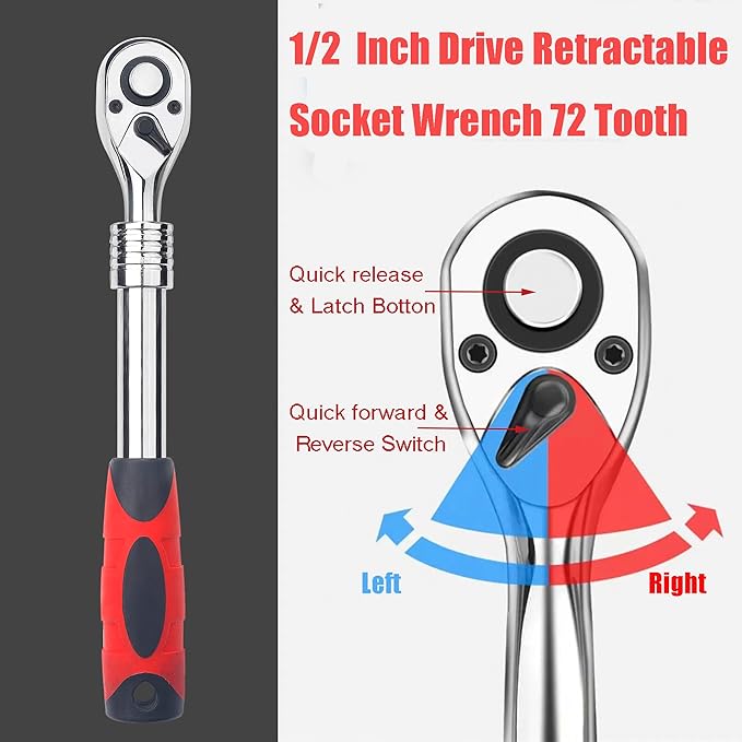 12-Inch Drive Extendable Ratchet Wrench,12" Drive 72-Tooth Quick-release Retractable Socket Wrench Reversible