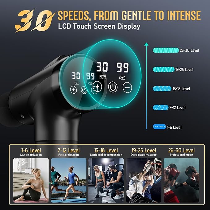 Massage Gun Deep Tissue, Handheld Electric Muscle Massager, High Intensity Percussion Massage Device for Pain Relief with 9 Attachments & 30 Speed(Black