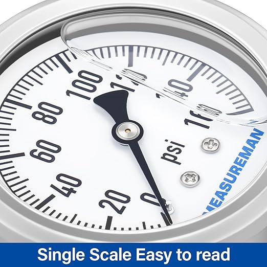 MEASUREMAN 2-12" Dial Size, Glycerin Filled Plumbing Pressure Gauge, 0-160psi, Stainless Steel Case, 14" NPT Back Mount