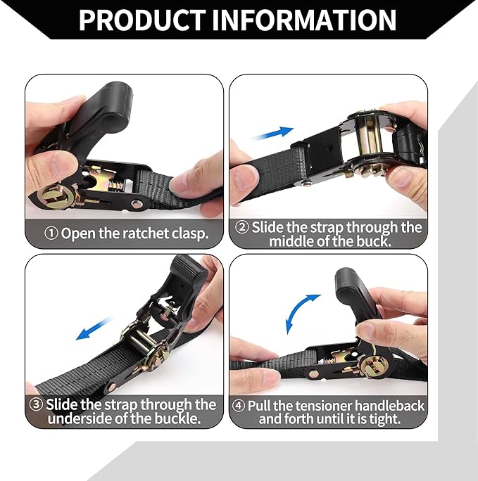 Ratchet Tie Down StrapsHeavy Duty Tensioning Belts Motorcycle Trailer Trucks CargoAdjustable 800kg 1"x 10'  1 Pcs Black