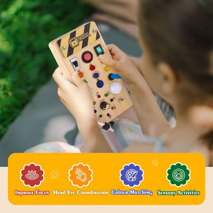Hoarosall Montessori Toddler Busy Board, Baby Wooden Busy Board with 8 LED Light Switches, Sensory Light Switch Toys for 1+ Year Old Baby and Toddler