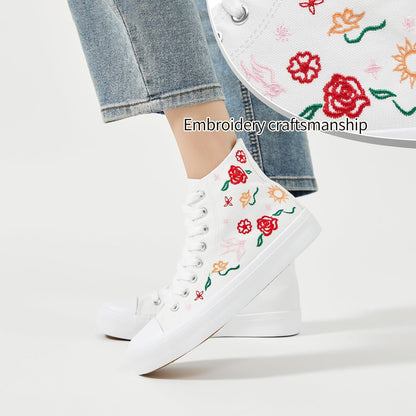 TUOPIN Women's High Top Canvas Sneakers - White and Black Fashion Embroidery Casual Walking Shoes for Women Comfortable Breathable Lace-Up Tennis Shoes