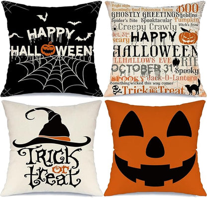 Halloween Pillow Covers 18x18 Set of 4 Spider Web Happy Halloween Decorations Jack-O-Lantern Pumpkin Throw Pillow Covers Witch Hat Trick or Treat Cushion Case for Sofa Couch