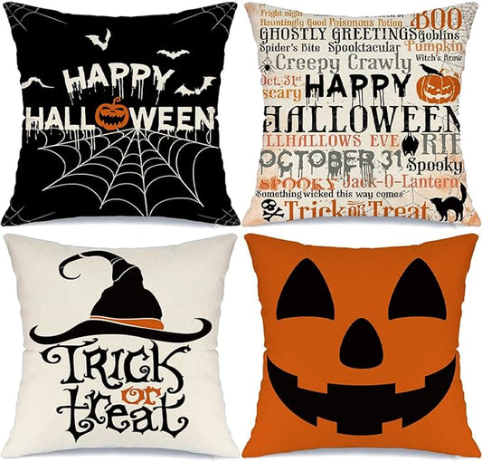 Halloween Pillow Covers 18x18 Set of 4 Spider Web Happy Halloween Decorations Jack-O-Lantern Pumpkin Throw Pillow Covers Witch Hat Trick or Treat Cushion Case for Sofa Couch