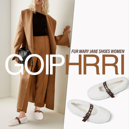 Goiphrri Fur Mary Jane Shoes Women Comfortable Ballet Flats Shoes Round Toe Casual Cute Mary Janes Womens Ballerina Flats with Buckle Strap.