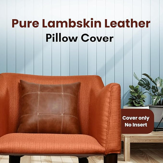 LL LEATHER LOVERS Genuine Lambskin Leather Pillow Cover, 16x16 Inch Case for Lumbar Throw Couch Pillows, Thick  Soft Cushion Covers for Sofa Bed Home Decor (Square Grid Antique Brown Pack of 2)