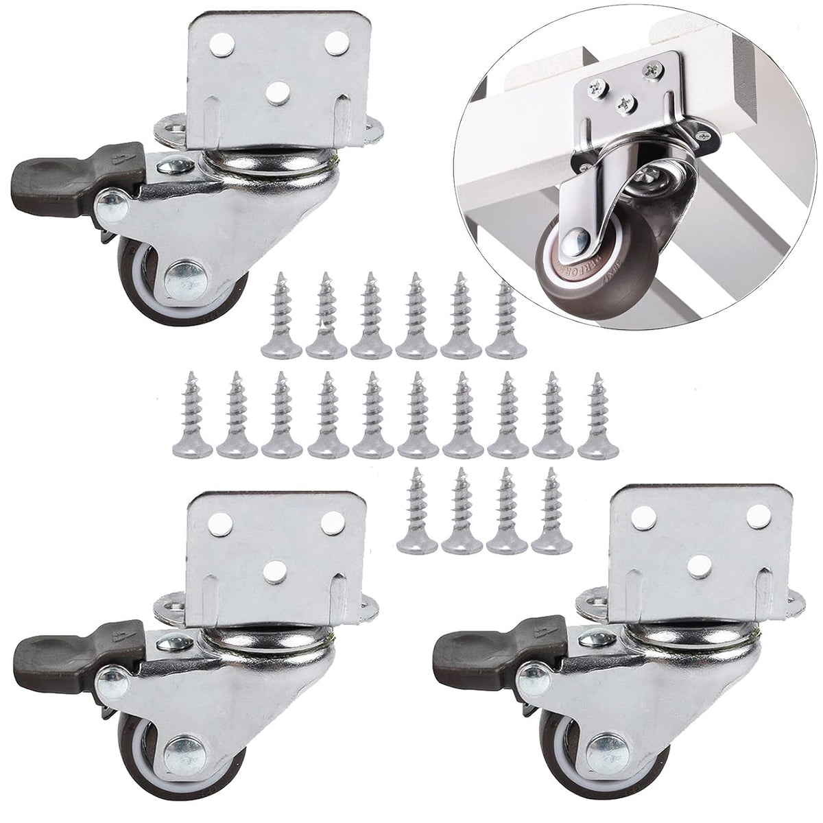 HOWDIA 1" Swivel Plate Caster Wheels with Brake L-Bracket Side Mount TPR Rubber Small Furniture Replacement Silent Mute Locking Casters for Furniture Legs Set of 4