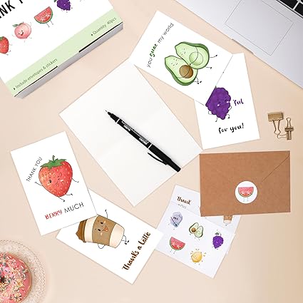 40 Funny Thank You Cards with Envelopes & Stickers, 4Ã—6 in Cute Pun Cards Assorted Blank Greeting Cards, Boxed Bulk Note Cards for Friends Teachers Business Coworker Employee Appreciation