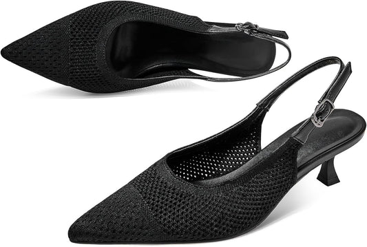 Size 9 Cozivwaiy Black Mesh Kitten Heel for Women Slingbanck Business Shoes Pointed Closed Toe Elagant Office Pumps Comfortable Low Heels