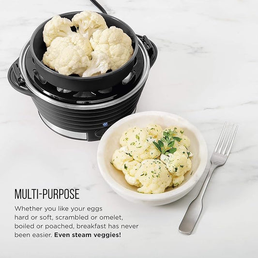 Chefman Egg-Maker Rapid Poacher, Food  Vegetable Steamer, Quickly Makes Up to 6, Hard, Medium or Soft Boiled, PoachingOmelet Tray Included, Ready Signal, BPA-Free, BLACK
