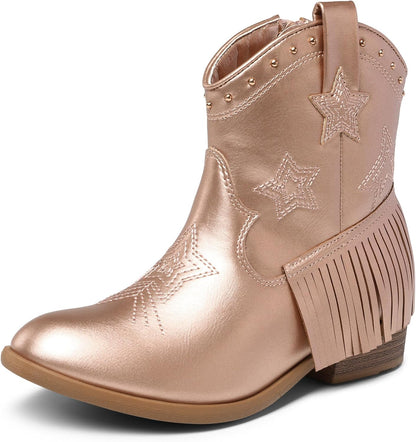 DREAM PAIRS Girls Cowboy Cowgirl Western Boots | Tassel star soft lining low-heel ankle cow girl boots pull-on riding shoes with soft lining