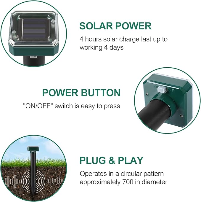 Mole Repellent Solar Powered 4 Pack,Snake Vole Repellent Outdoor, Gopher Repeller Ultrasonic Solar Powered for Lawn Garden Waterproof, Sonic Mole Spikes,Get Rid of Moles Groundhog Chipmunk Repellent