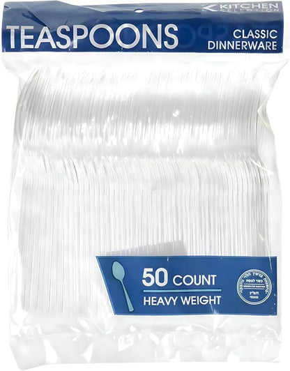 Classic Plastic Teaspoons (50 Count) - Durable Clear Plastic Spoons Heavy Duty, Premium Disposable Spoons for Weddings, Dinners, Everyday Flatware & Party Supplies