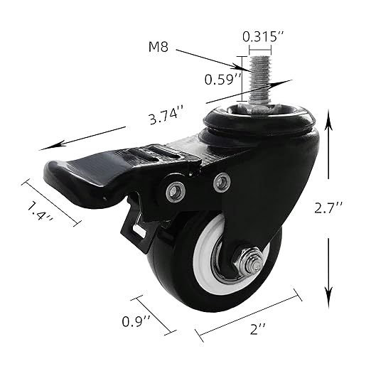 VWINDESK 2 inch M8(0.315'' ?) 15mm Threaded Locking Caster Wheels, Set of 4, Swivel, Polyurethane PU Swivel Ball Casters with 360 Degree Top Plate 220lb Total Capacity, Brake, Used for Standing Desk
