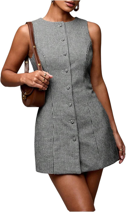 Women's Plaid Button Down Dress Crew Neck Sleeveless Tie Back Work Office Mini Dresses