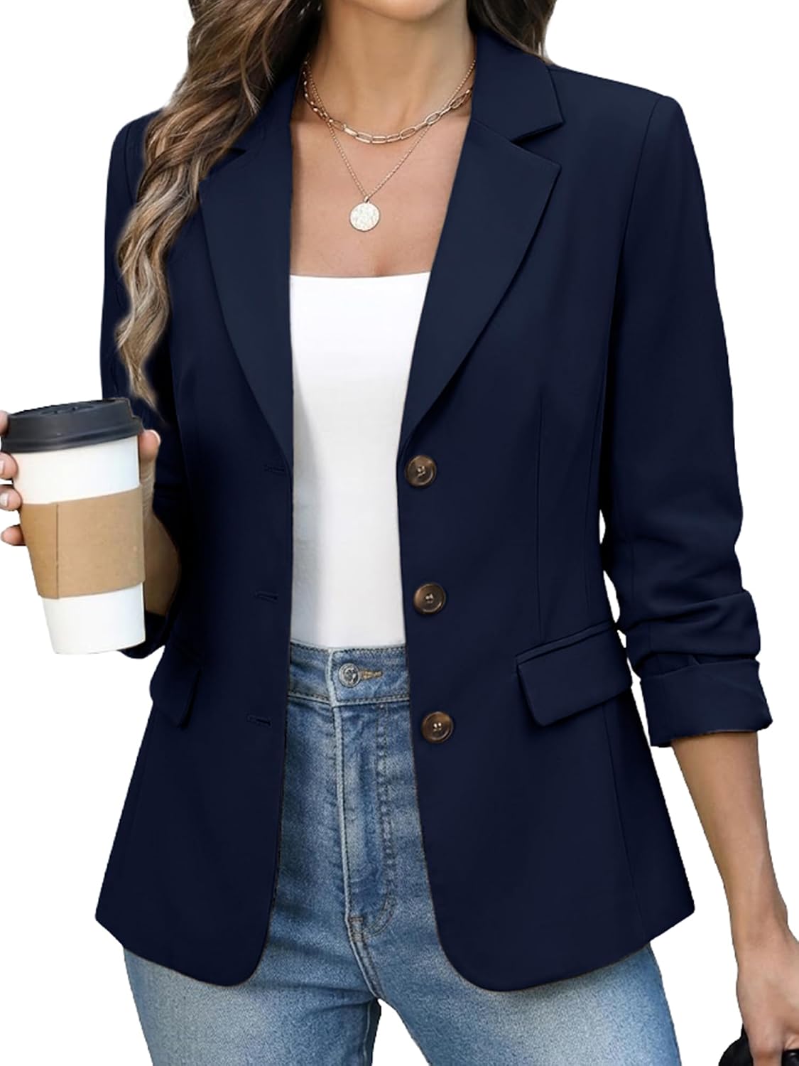 Womens Business Casual 3 Button Blazers - Long Sleeve Slim Fit Suit Work Office Jacket with Pockets