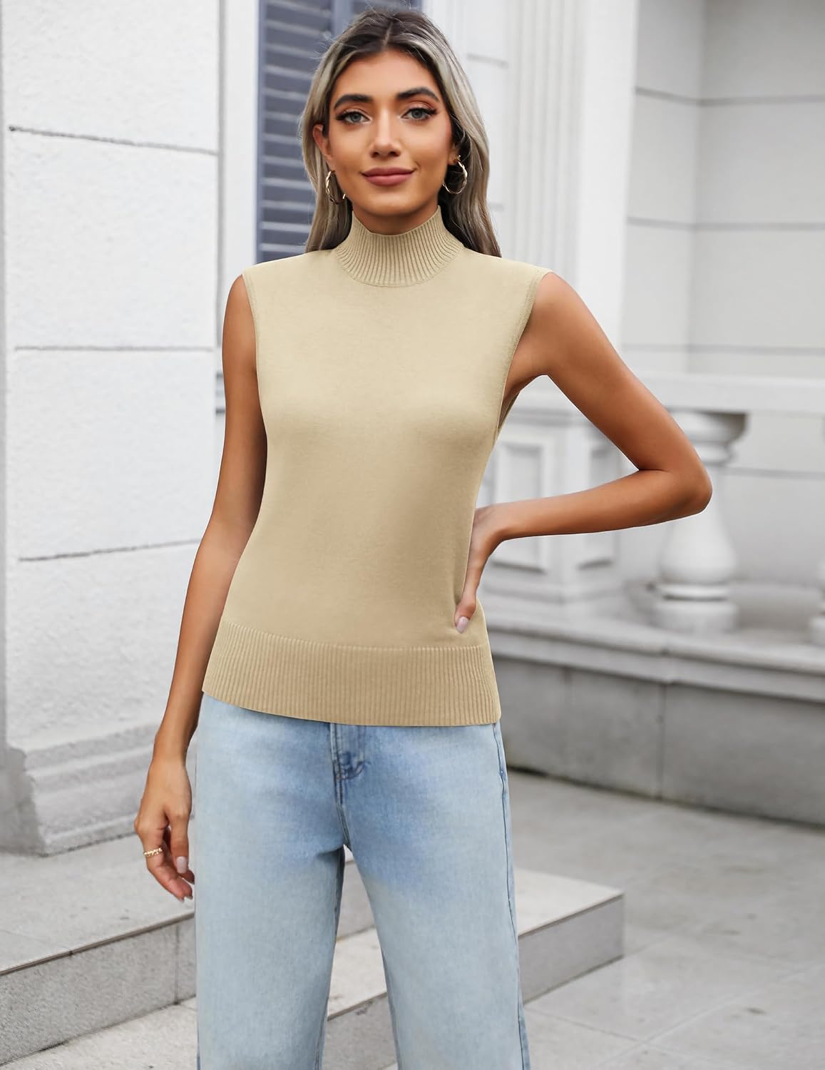 Coffee Color in Size Small NOT Apricot /Large. Zeagoo Women's 2026 Mock Turtle Neck Sweater Vest Sleeveless Knit Pullover Tank Tops Casual Trendy Slim Fitted Tops .