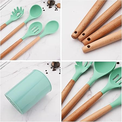 1pc Green Silicone Slotted Spoons Cooking Large Serving Spoon, Heat Resistant Cooking Utensils for Kitchen Cooking Baking Stirring Mixing Tools