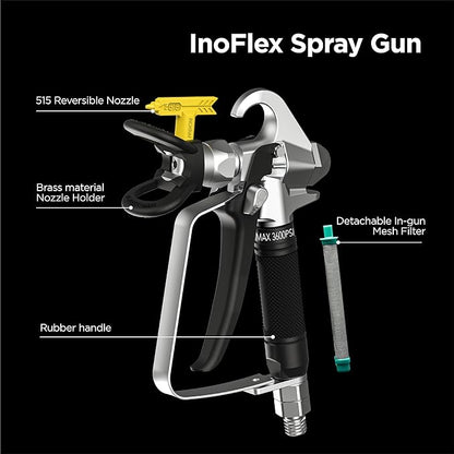 InoKraft Airless Paint Spray Gun High Pressure 3600 PSI with 515 Reversible Nozzle Tip for Exterior PaintPrimer, with Swivel Joint for Airless Paint Sprayers M1  M3, Paint Sprayer Accessories