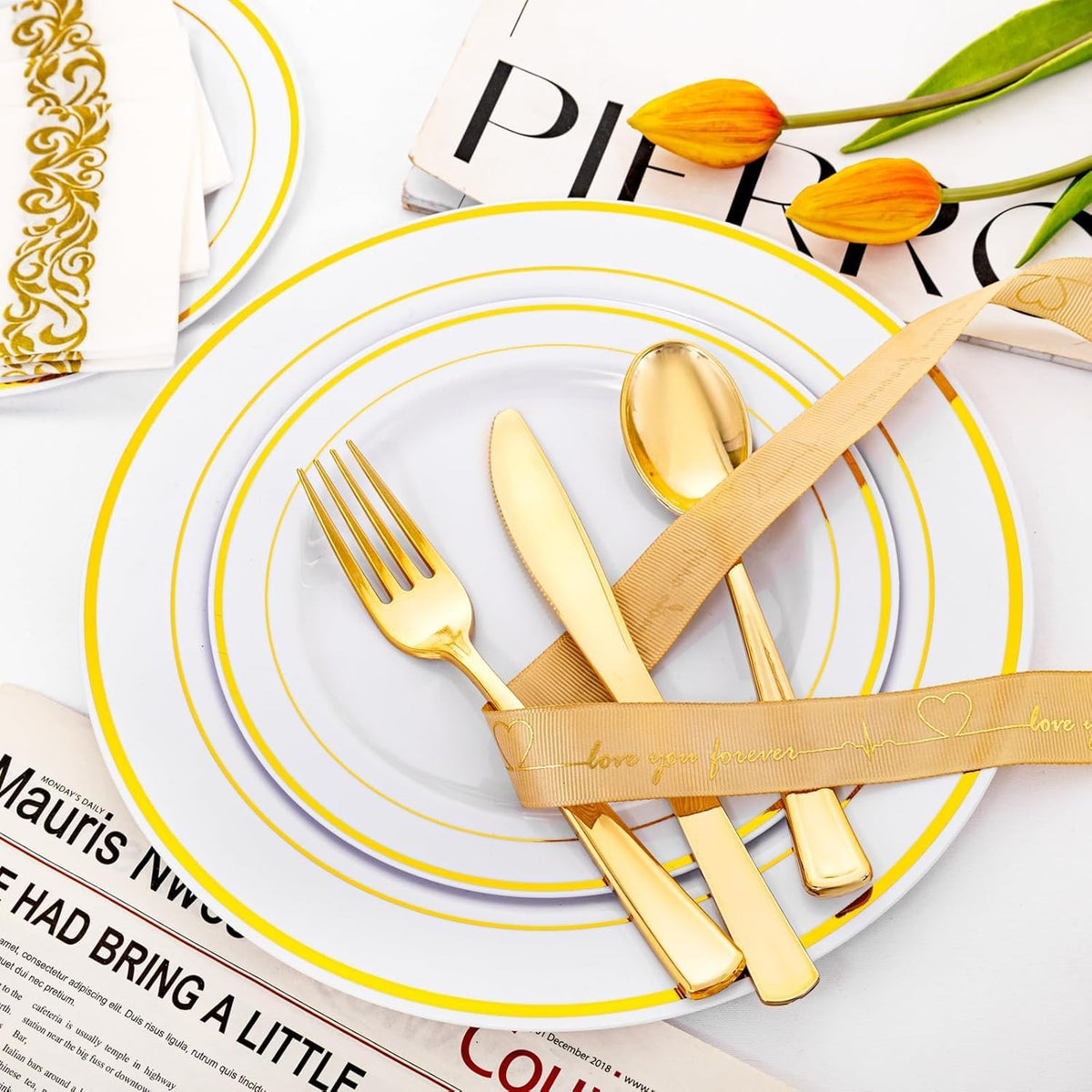 Gold Plastic Plates, MCIRCO 50 Pieces Disposable Party Plates for Weddings, Premium Gold Rim Plates, Include 25 10.25 Inch Dinner Plates and 25 - 7.5 Inch Dessert Appetizer Plates