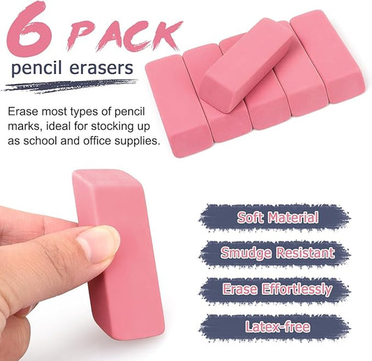 Tamaki Erasers, Pink Pencil Erasers for Drawing, Artist Eraser, Large, Pack of 6