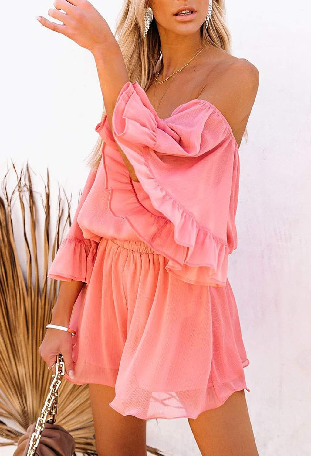 Fixmatti Women Boho Summer Romper Casual Floral Print Off Shoulder Strapless Shorts Jumpsuits