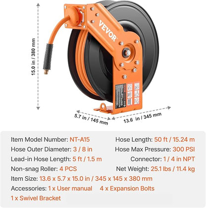 VEVOR Retractable Air Hose Reel, 3/8IN x 50FT Rubber Air Hose Max 300PSI, Air Compressor Hose Reel Auto-Rewind with 5FT Lead in, Ceiling/Wall Mount Heavy Duty Single Arm Reel & 180° Swivel Bracket