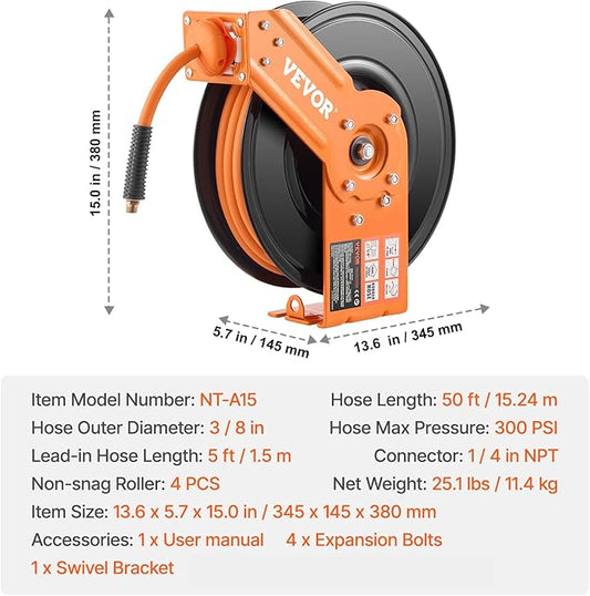 VEVOR Retractable Air Hose Reel, 3/8IN x 50FT Rubber Air Hose Max 300PSI, Air Compressor Hose Reel Auto-Rewind with 5FT Lead in, Ceiling/Wall Mount Heavy Duty Single Arm Reel & 180° Swivel Bracket