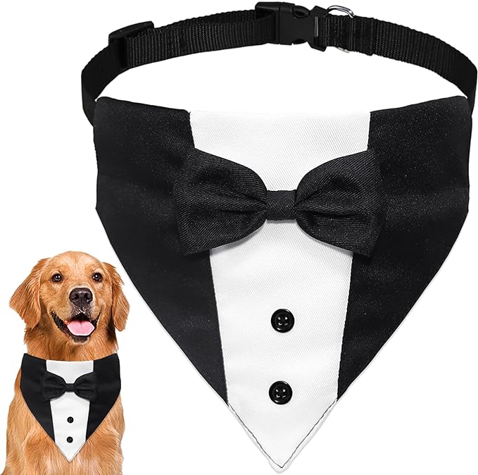 GOYOSWA Dog Tuxedo Suit Wedding Bandana Collar with Bow Tie, Adjustable Formal Dog Tux, Engagement Birthday Tuxedo for Small Medium Large Dogs Pets (Large: Neck 15-25)
