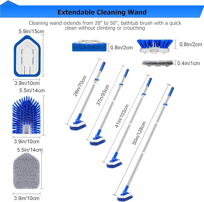 Lalafancy Shower Cleaning Brush with Locking Head, 3 in 1 Tub Tile Scrubber Brush with 50'' Extendable Long Handle Stiff Bristles Scouring Pads Microfiber for Cleaning Bathtub Shower Wall Bathroom