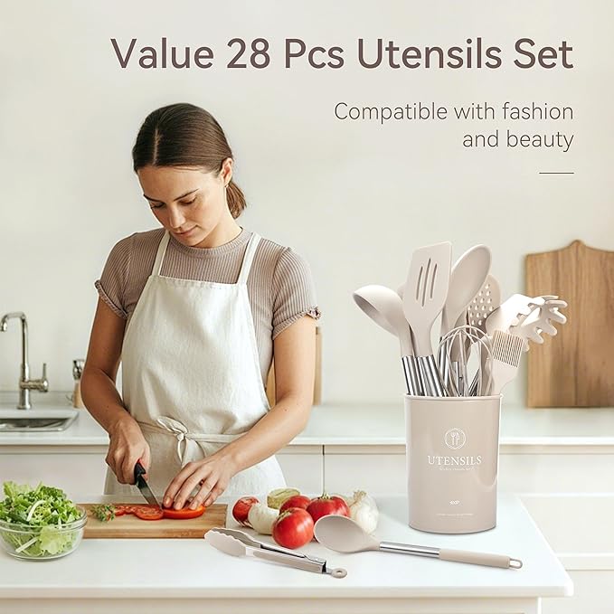 Kitchen Utensils Set, 28 Pcs Silicone Cooking Utensils Set with Holder, Spatula Set, Silicone Whisk, Scissors, Measuring Cups and Spoons Set with Stainless Steel Handle Kitchen Gadgets (Khaki)