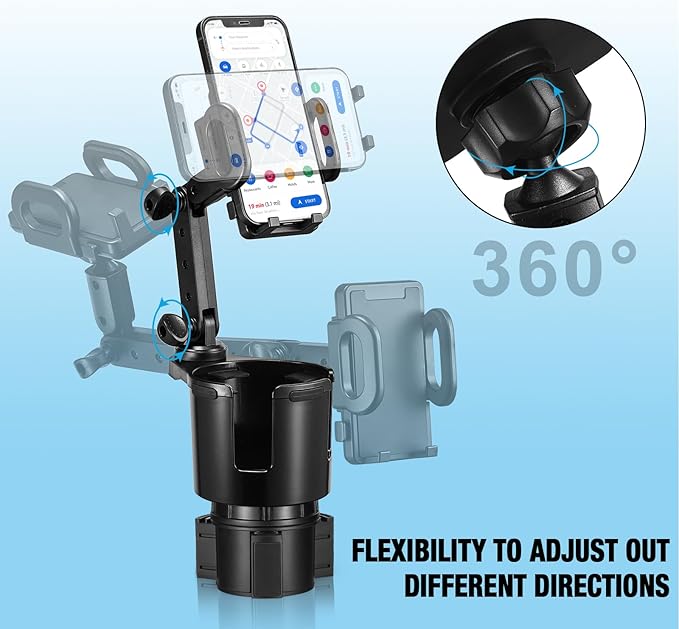 Cup Holder Phone Mount, 2 in 1 Cup Holder Expander for Car Long Arm with 360Rotation Cup Holder Cell Phone Holder for Car Compatible with All Smartphones