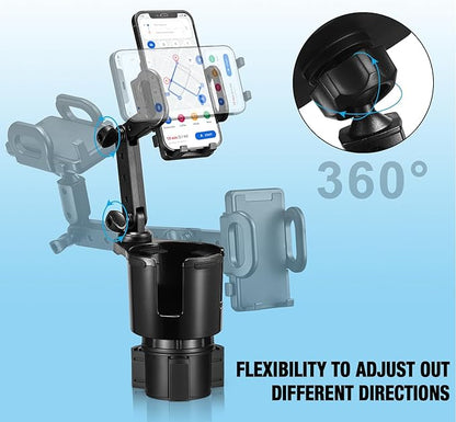 Cup Holder Phone Mount, 2 in 1 Cup Holder Expander for Car Long Arm with 360Rotation Cup Holder Cell Phone Holder for Car Compatible with All Smartphones
