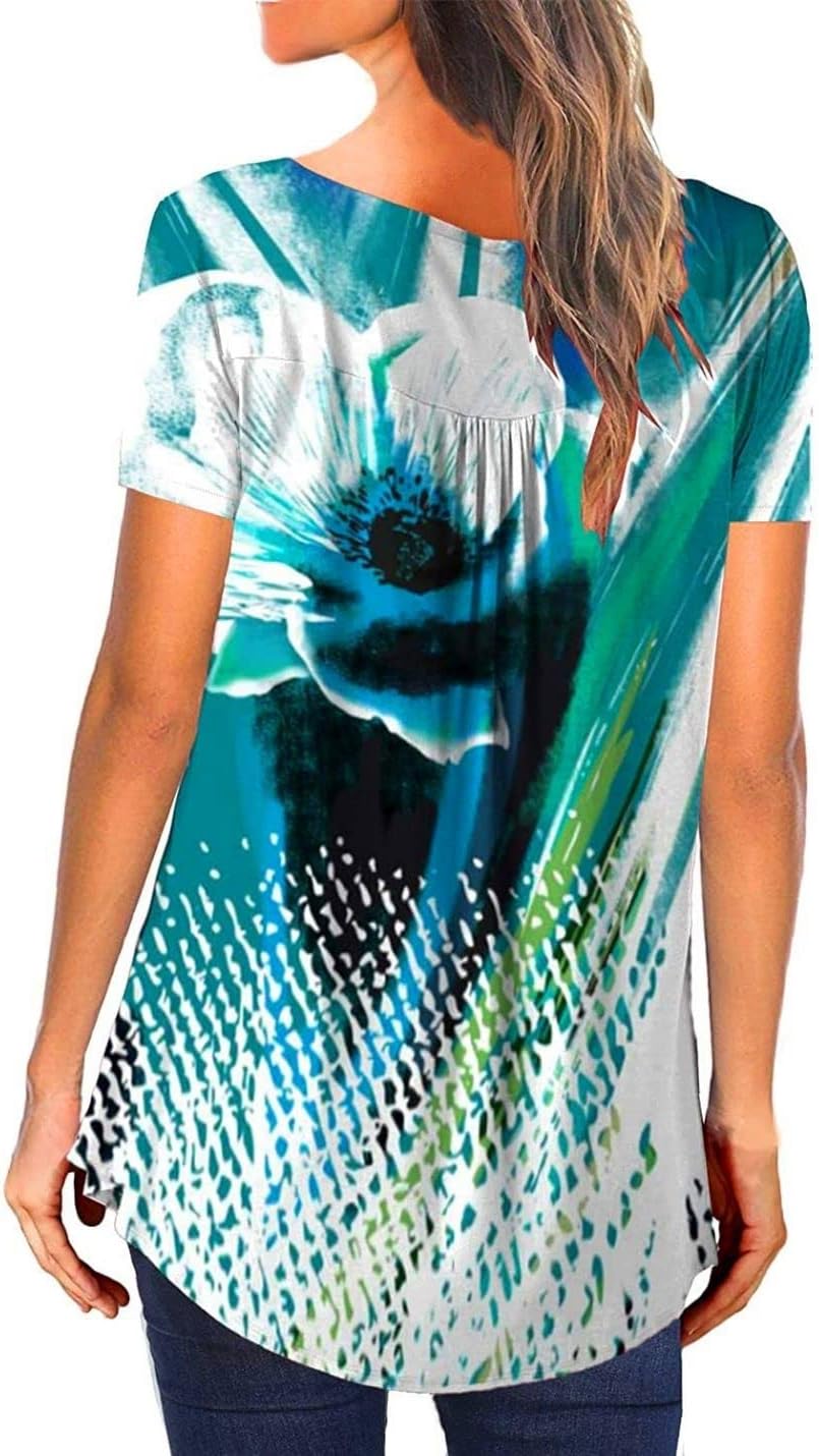 Kwoki Women's Floral Tunic Tops Casual Blouse V Neck Short Sleeve Buttons Up Ruffled T-Shirts