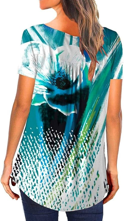 Kwoki Women's Floral Tunic Tops Casual Blouse V Neck Short Sleeve Buttons Up Ruffled T-Shirts