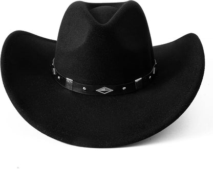 Women Men Classic Felt Wide Brim Western Cowboy Cowgirl Hat with Belt Buckle