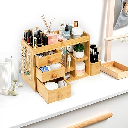 Elsjoy Bamboo Makeup Organizer with 3 Drawers  12-Grid Lipstick Holder, Desk Bamboo Vanity Jewelry Organizer, Countertop Cosmetic Storage Box Stand with Hooks for Hanging Jewelry