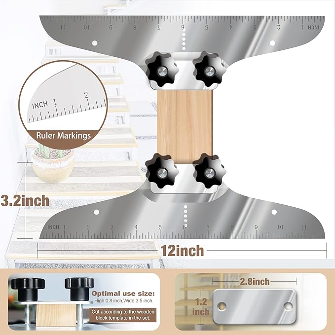Stair Tread Template Tool, NAACOO Stair Measuring Tool, Tread Jig Set - with Level  Tape Measure  Carpenter Pencil, Suitable for Risers and Partitions.