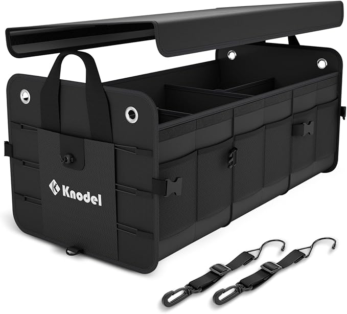 K KNODEL Car Trunk Organizer, Foldable Cover, Heavy Duty Collapsible Truck Storage Organizer, Car Cargo Trunk Organizer with Lid, 3 Compartments, (Black)