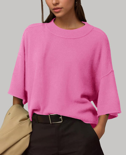Women's Oversized Sweaters Summer 3/4 Sleeve Casual Cropped Tops Lightweight Loose Fit Knit Pullover